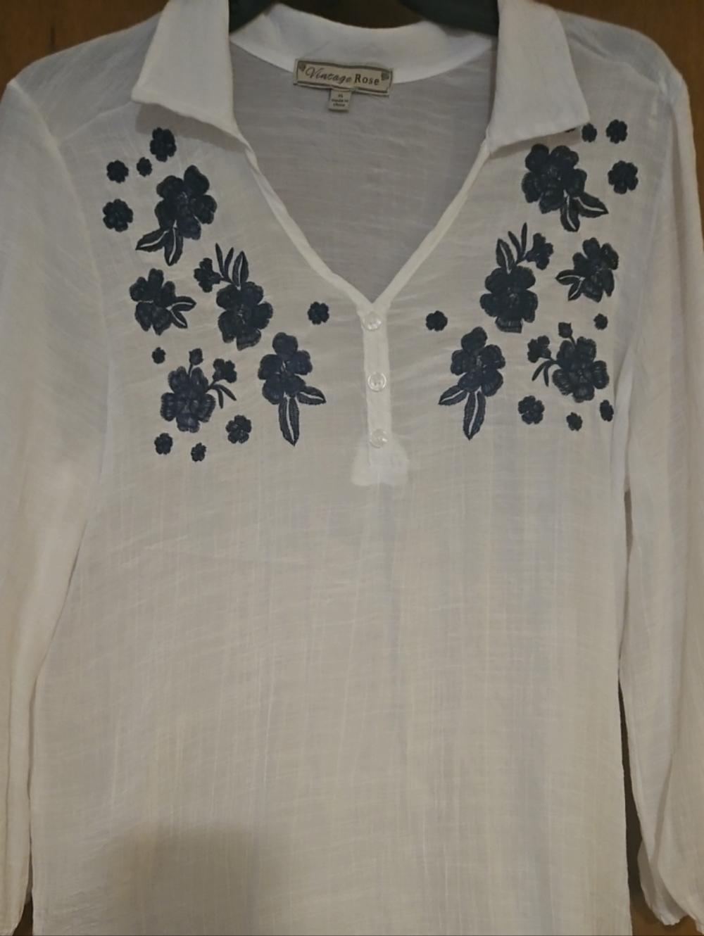 Vintage Rose Blouse Pleasant Womens XL (L) White Black Embroidered Flowers
